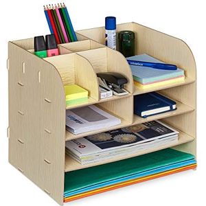 Relaxdays bureau organizer met 10 vakken, voor brieven, pennen etc., HxBxD: 27,5 x 32,5 x 25 cm, mdf, lichtbruin