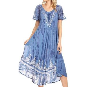 Sakkas Ronny Kaftan met kant en geborduurde kapmouwenbinding, kleurstof, wassing, hemelsblauw, Eén maat