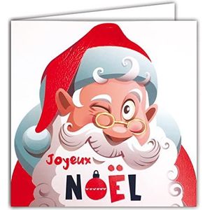 Afie 23001 vierkante kaart kerstman vrolijk pompon muts rood glanzende baard ogen bril afsluitvast - met witte envelop