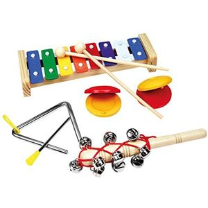 Bino & Mertens 86590 Bino muziekinstrumenten hout en metaal speelgoed voor kinderen vanaf 3 jaar (4-delig, incl.: xylofoon, stok, triangel en kastagnette), kleurrijk, muziekset 3