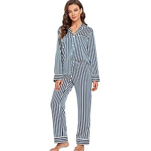 Serenedelicacy Satijnen pyjama set lange mouwen button down sleepwear 2-delig gestreept zijdeachtig pyjama set, marineblauw/ivoorkleurig gestreept, XL