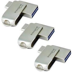 Integral 3-pack 64GB 360-Dual USB 3.2 Gen 1 Type C en Type A Flash Drive met massief metalen behuizing, snelle overdrachtssnelheden en eenvoudig Plug and PlayIPhone 15, 16 serie, Macbook Pro/Air en