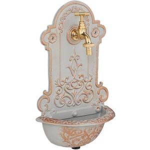 Relaxdays muurfontein buiten, antiek, wasbak en kraantje, wandfontein, HBD 36 x 22 x 10,5 cm, gietijzer, goud-grijs