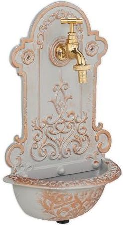 Relaxdays muurfontein buiten, antiek, wasbak en kraantje, wandfontein, HBD 36 x 22 x 10,5 cm, gietijzer, goud-grijs
