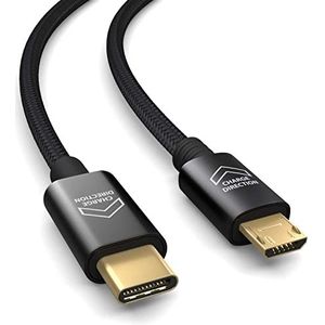 2 m OTG USB-aansluitkabel, USB type C naar Micro USB-kabel, laadt USB C-apparaten, datakabel, oplaadkabel, USB 2.0, zwart