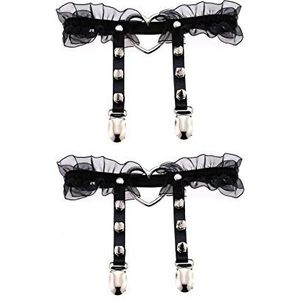 alisikee 2 stuks verstelbare kanten hartvormige dijkousenband met anti-slip sluitingen, elastische kousenband voor dames, zwart/roze, zwart, One size