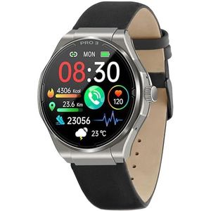 Knauermann PRO 3 (2024) zilver - gezondheidshorloge smartwatch met telefoonfunctie - ECG + HRV en SOS-functie - AMOLED-display, BT Bluetooth - slaapapneu - echt lederen band zwart, 14-24, rond, zwart,