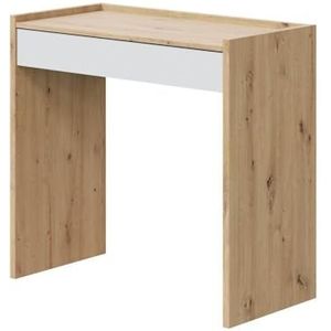 Bureau met 1 lade, bureau tafel of bureau, model Noa, wit en eiken, afmetingen: 81,5 cm (lengte) x 40 cm (breedte) x 77 cm (hoogte)