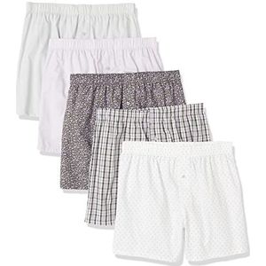 Amazon Essentials Boxershorts van geweven katoen voor heren (verkrijgbaar in Big &Tall), pak van 5, helder wit/olijf Ditsy bloemen/wit/pijl geo/plaid, XL