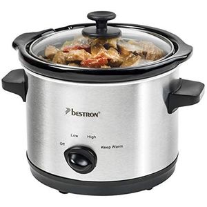 Bestron Slowcooker, met 3 programma's, keramische pan & glazen deksel, voor 2 Personen, 1,5L capaciteit, vatwasserveilig, 120 Watt, kleur: zilver