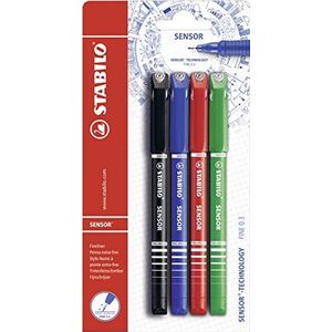 Fineliner met meeverende schrijfpunt - STABILO SENSOR F - fijn - 4 stuks - zwart, blauw, rood, groen