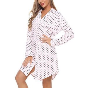 Doaraha Nachthemd voor dames, lange mouwen, sexy knoopsluiting, slaapshirt met knopen en zak, boyfriend slaapshirt, kort, Wit met harten., XL
