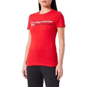 Love Moschino Dames Slim Fit Short-Sleeved with Summer Slogan Water Print en Glitter Details T-Shirt, RED, 42