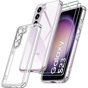 ivoler Case compatibel met Samsung Galaxy S23 5G, 2 Pack Glas Screen Protector met militaire diamant Slanke dunne Beschermende harde achterkant met zachte siliconen bumper Clear Cover [Anti-vergeling]