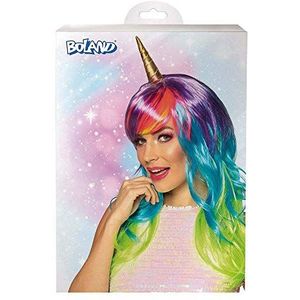 Boland 85054 - Eenhoorn Airglow, kunsthaar, lange haren met gouden hoorn, kapsel, regenboog, accessoire, kostuum, carnaval, themafeest