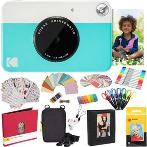 KODAK Printomatic Instant Camera (Blauw) All-In-Bundle + Zinkpapier (20 vellen) + hoesje + fotoalbum + 7 stickersets + markers + schaar