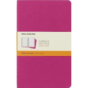 Moleskine Cahier Journal, Set 3 Notebooks met gelijnde pagina's, Kartonnen omslag met zichtbare katoenen Stiching, Kleur Kinetic Roze, Groot 13 x 21 cm, 80 pagina's