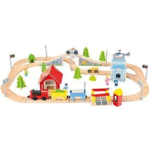 Bino & Mertens 1 houten spoorbaan, speelgoed voor kinderen vanaf 3 jaar, kinderspeelgoed, houten spoorbaan elektronische locomotief, houten speelgoed met accessoires, compatibel met alle gangbare
