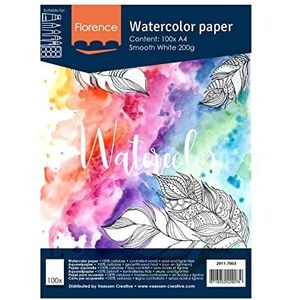 Vaessen Creative Florence Aquarelpapier, heet geperst, A4, intensief wit, 200 g/m², kunstenaarskwaliteit, glad oppervlak, 100 vellen om te schilderen, handlettering, kunstprojecten