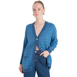 Trendyol Dames Oversize Standaard V-hals Gebreide Vest Blauw, Blauw, L