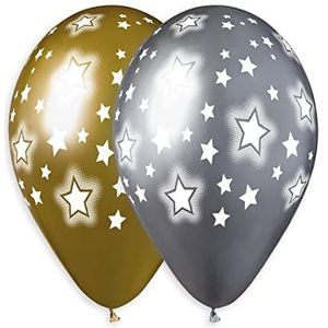 Zak 25 ballonnen metallic met opdruk Stars van natuurlatex premium kwaliteit G120 (Ø 33 cm/13 inch) goud/zilver