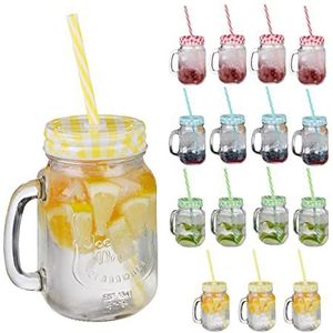 Relaxdays drinkglazen met rietje set van 16 - gekleurde limonadeglazen met deksel - 500 ml
