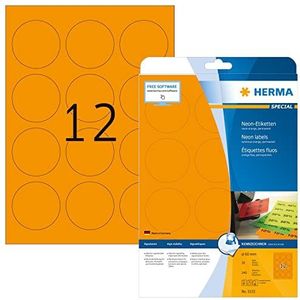 HERMA Self Adhesive Coloured Labels, 12 Labels Per A4 Sheet, 240 Labels For Printers, Round, Neon-Orange, Ø 60 mm (5153)