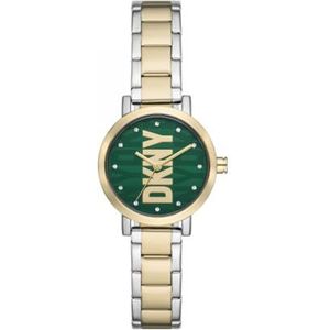 DKNY Soho Horloge voor dames, Quartz uurwerk met horlogeband van roestvrij staal, leer of silicone, Goudkleur en groen, 28MM