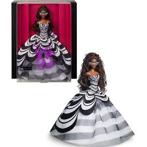 Barbie Signature pop, verzamelobject voor 65-jarig jubileum met bruin gevlochten haar, zwart-witte jurk, oorbellen met saffieren en een zonnebril, HRM59
