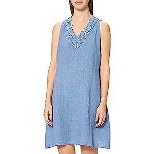 Bonateks, Mouwloze jurk met borduurwerk op de V-hals, 100% linnen, DE-maat: 38, Amerikaanse maat: L, blauwe jeans - gemaakt in Italië, blauw, 38