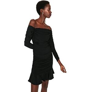 Trendyol Dames Fitted Bodycon Scoop Neck Woven Jurk, Zwart, 34