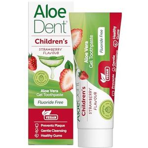 AloeDent Kinder Aloë Vera Tandpasta Zonder Fluoride, Natuurlijk, Veganistisch, Dierproefvrij, SLS Vrij, Aardbeiensmaak, Gezond Tandvlees, 50ml