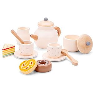 New Classic Toys Speelgoedtheeservies - Houten Speelgoed Thee Set - Met Gebakjes - 14 Onderdelen