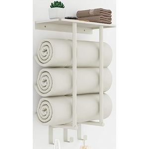 BETHOM Handdoekenrekken aan de muur gemonteerd, badkamer wandhanddoekenrek met plank en 3 haken, handdoekhouder wandmontage kan opslag 3 grote badlakens handdoeken, wit