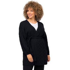 Ulla Popken Dames grote maten grote maten plus size gebreide jas, vlechtpatroon, oversized, ceintuur 811060, marineblauw, 42/44 NL