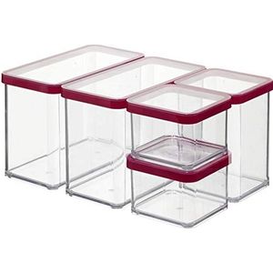 Rotho, Loft, Set van 5 opbergdozen met deksel in verschillende maten, Kunststof (SAN) BPA-vrij, transparant / rood, 2 x 2,1l, 1 x 1,0l, 2 x 0,5l (30,0 x 21,0 x 15,0 cm)