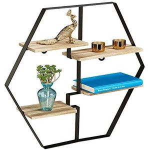 Relaxdas wandrek hexagon, met 4 planken, hout & ijzer, zeshoekig, HBD 52 x 60 x 12 cm, zwart/natuur