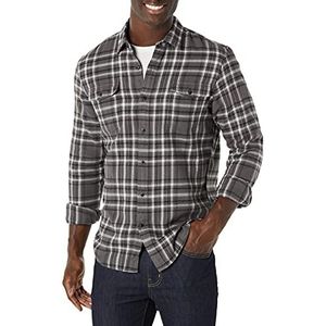 Amazon Essentials Men's Flanellen overhemd met lange mouwen, twee zakken en slanke pasvorm, Grijs Plaid, L