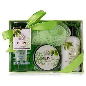 Accentra - doucheset dames cadeauset OLIJF in een mooie geschenkverpakking - 4-delige verzorgingsset met douchegel, bodylotion, body butter en mesh spons - wellness cadeauset voor een verjaardag