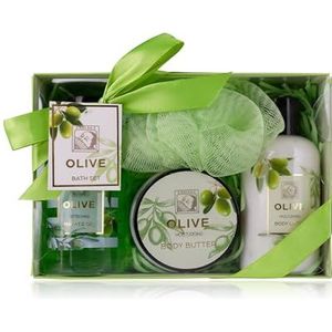 Accentra - doucheset dames cadeauset OLIJF in een mooie geschenkverpakking - 4-delige verzorgingsset met douchegel, bodylotion, body butter en mesh spons - wellness cadeauset voor een verjaardag