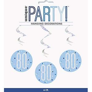Unique Party 83803 83803-opknoping Swirl Glitz blauw & zilver 80e verjaardag decoratie, Pack van 6, blauw, leeftijd 80