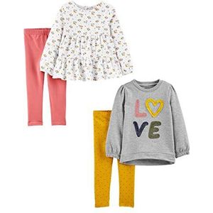 Simple Joys by Carter's 4-delige set met lange mouwen en broek, playwear, set met broek voor meisjes (1 stuk), Wit Bloemen/Liefde Grijs/Geel Punten/Roze, 3 Jaren