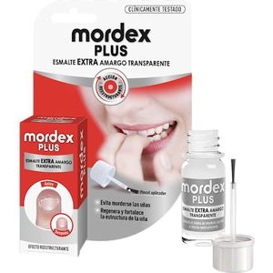 Mordex Plus Extra bittere nagellak, transparant, zeer bitter, onzichtbaar, gereorganiseerd en versterkt de nagel, fles met 9 ml met geïntegreerd penseel