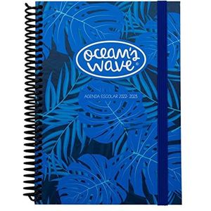 Ocean's Wave Schoolagenda 2022-2023 - Model blauw - DIN A6 - 15 x 11,5 cm - Ocean's Wave - pagina per dag - Hardcover en spiraalbinding - Jeugdstijl