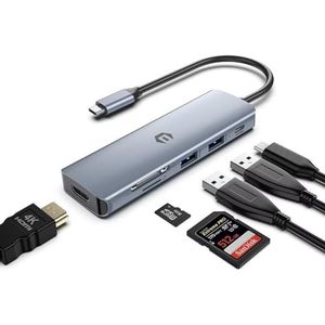 OBERSTER USB C Hub, 6-in-1 USB C Splitter Avec Affichage 4K HDMI, Lecteur de Carte SD/TF, Multiport Adapter USB C met MacBook Pro/Air, Chromebook, Thinkpad, Laptop en meer Type C-apparaten