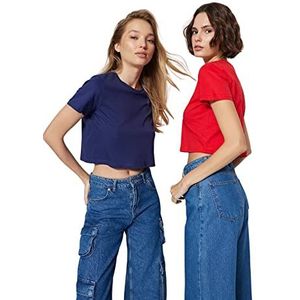 Trendyol Dames Navy blauw-rood 100% katoen ronde kraag 2 pak crop gebreid T-shirt, medium