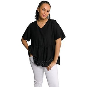 Ulla Popken Dames, borduurwerk, V-hals, halve mouw, linnenmix tuniek shirt, Black Beauty (reserve kleur), 42/44