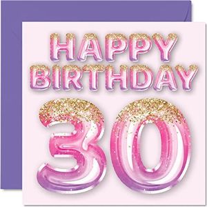 30e verjaardagskaart voor vrouwen - roze en paarse glitterballonnen - gelukkige verjaardagskaarten voor 30 jaar oude vrouw vriend zus mama tante, 145 mm x 145 mm dertigste verjaardag wenskaarten