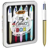 BIC Mijn 4 Kleuren Box - Balpennen met Kliksysteem en Medium Punt - Metalen Geschenkdoos 5 Stuks