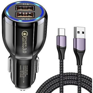HORJOR Oplader voor sigarettenaansteker, 2 poorten, snellader, USB, met 65 W, USB C-kabel, 1 m, compatibel met iPhone, iPad, Samsung, Huawei, Xiaomi